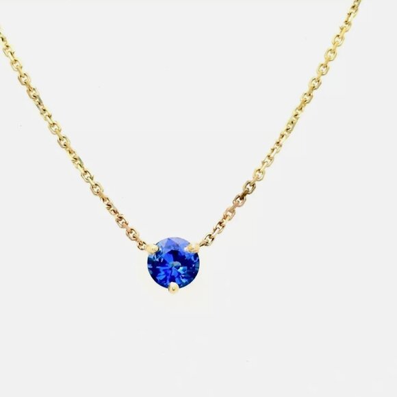 14K Yellow Gold Solitaire Blue Sapphire Pendant Necklace - Picture 1 of 7